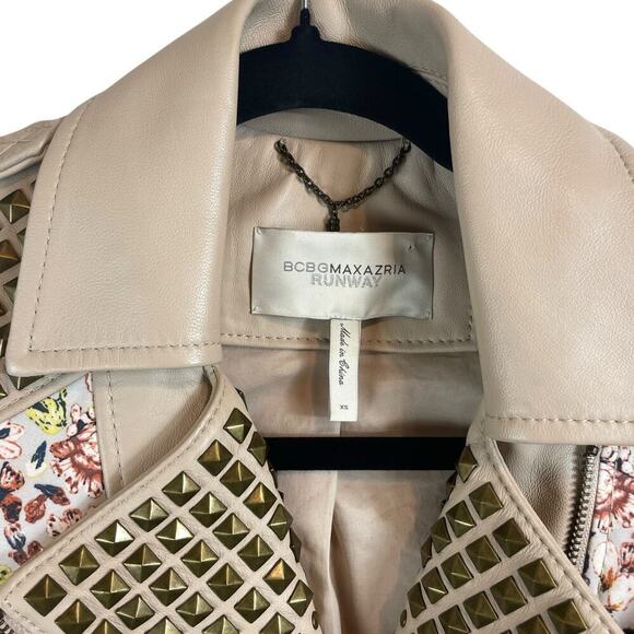 BCBGMAXAZRIA Runway Mannix Leather Floral Studded Jacket Gray Violet Combo Sz XS - Picture 2 of 9